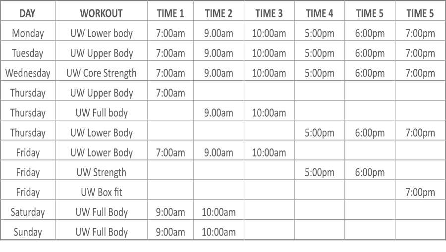 Just Train Ultimate Workout weekly timetable showing class times Monday through Sunday